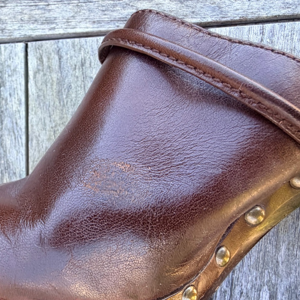 Coach Brown Leather Platform Mules with brass studs and accents. - Picture 10 of 15